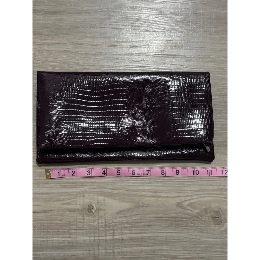 NORDSTROM Womens‎ Plum Lizard Embossed Patent Faux Leather Clutch Evening Bag